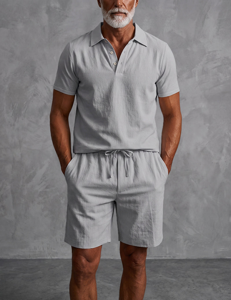 Men’s short-sleeve linen shirt and shorts set in light gray with drawstring waist