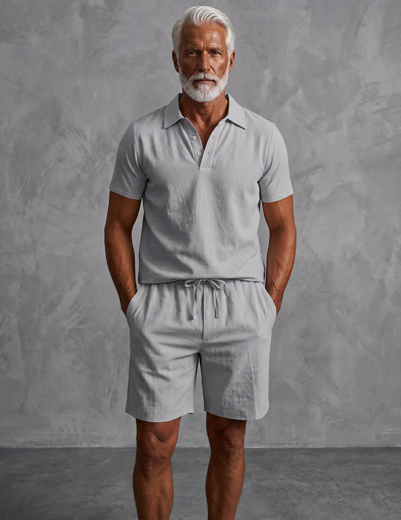Front view of men’s light gray linen short-sleeve shirt and drawstring shorts set