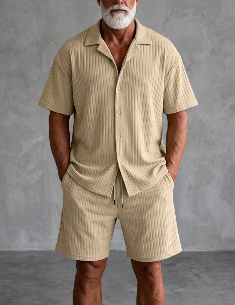Striped Camp-Collar Shirt and Shorts Set