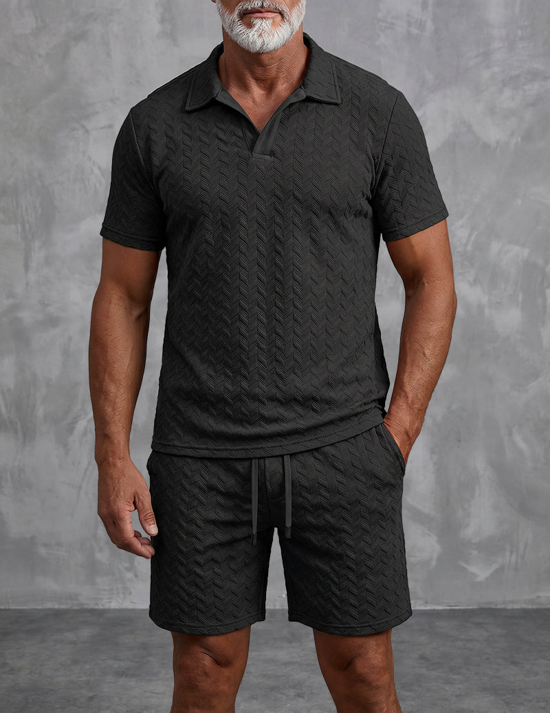 Textured Open-Collar Polo Shirt and Shorts Set