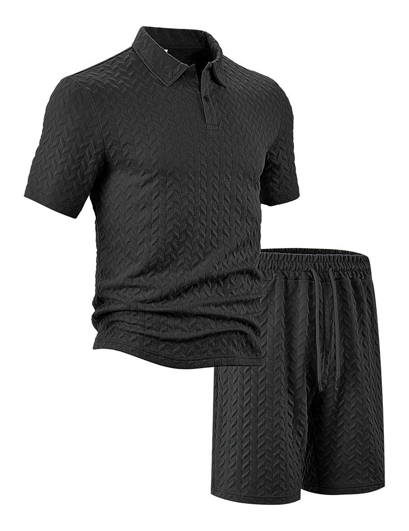Textured Open-Collar Polo Shirt and Shorts Set