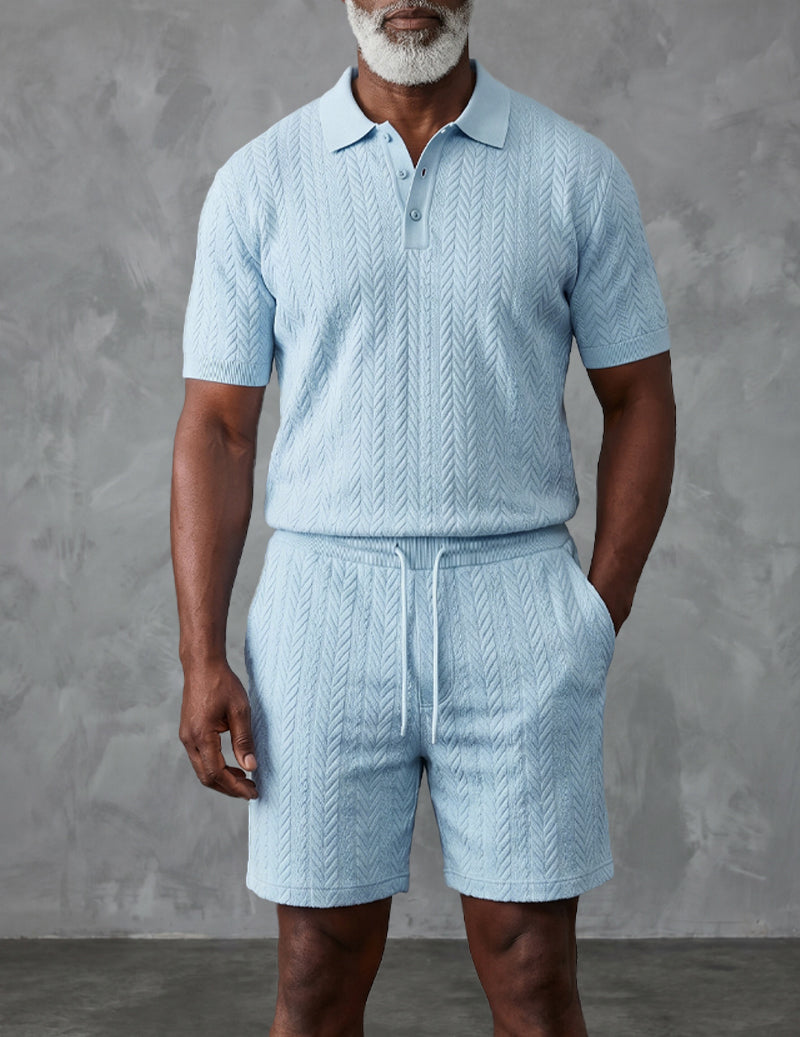Textured Open-Collar Polo Shirt and Shorts Set
