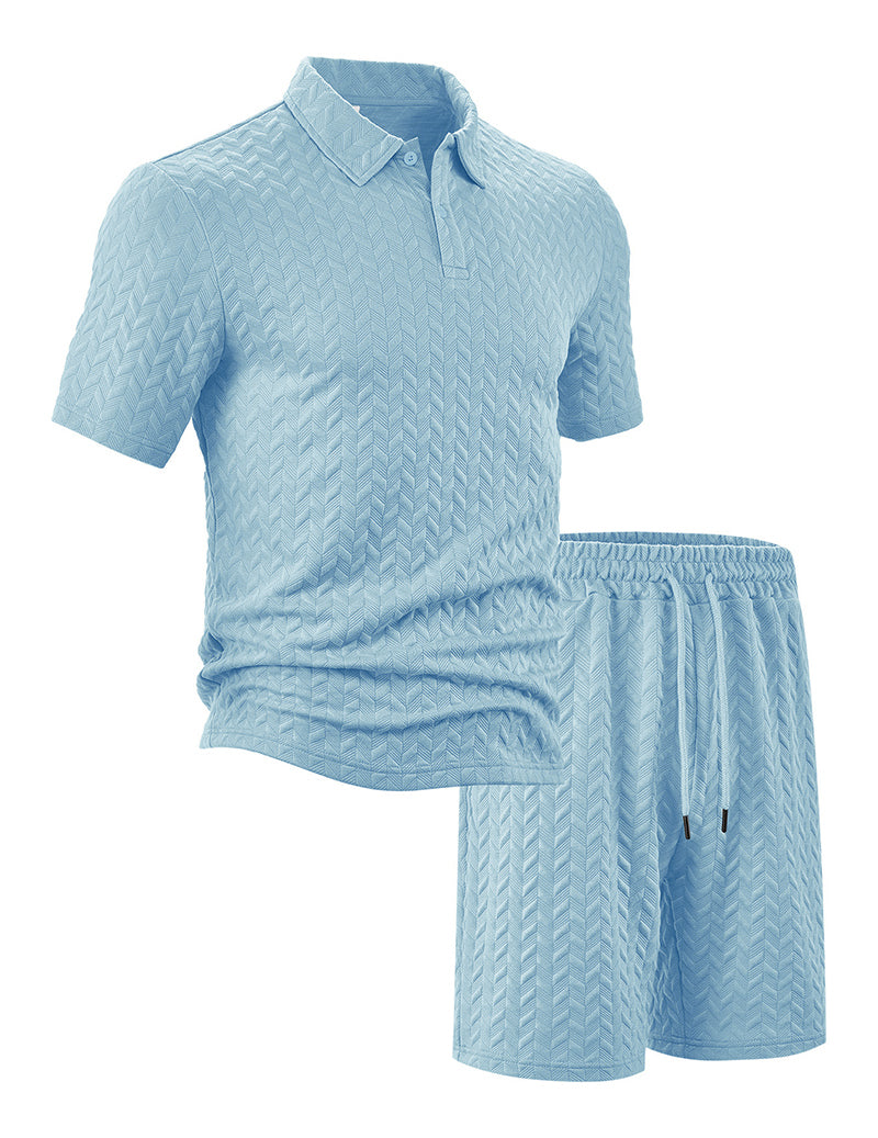 Textured Open-Collar Polo Shirt and Shorts Set