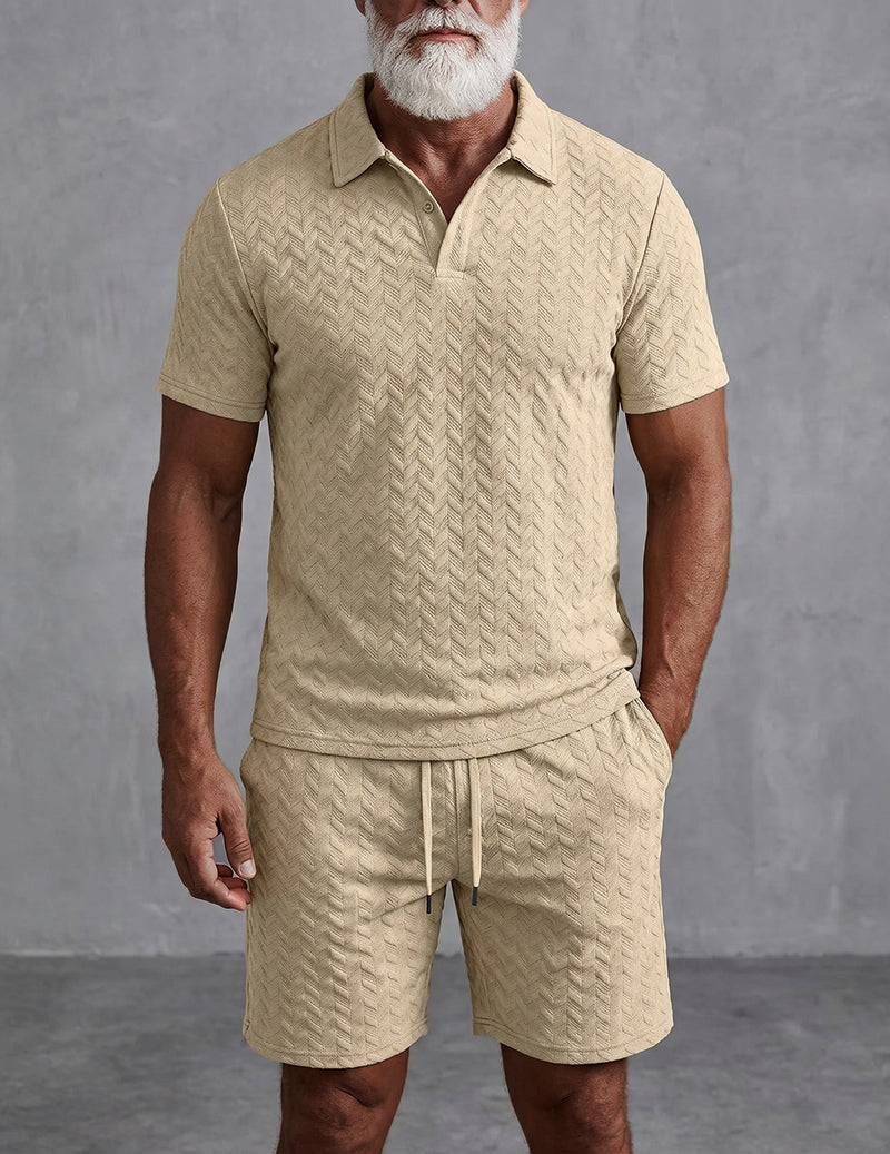 Textured Open-Collar Polo Shirt and Shorts Set