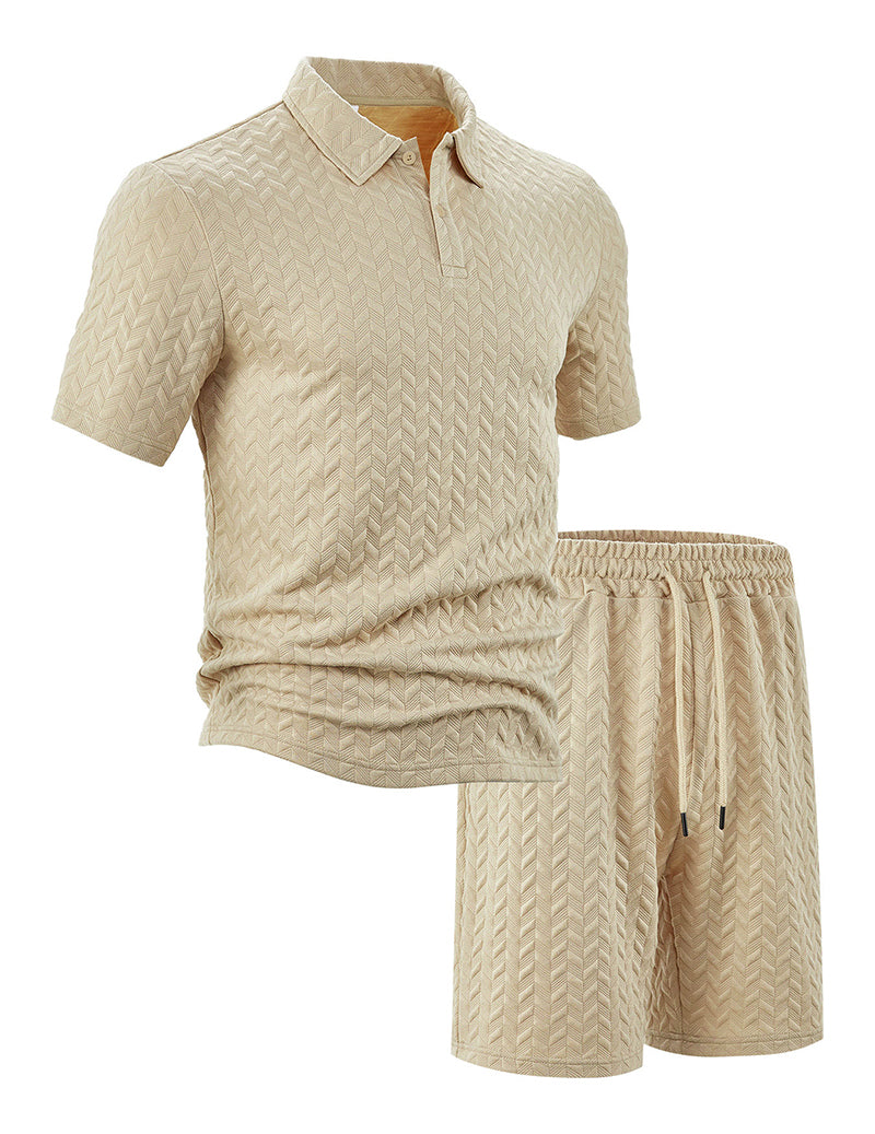 Textured Open-Collar Polo Shirt and Shorts Set