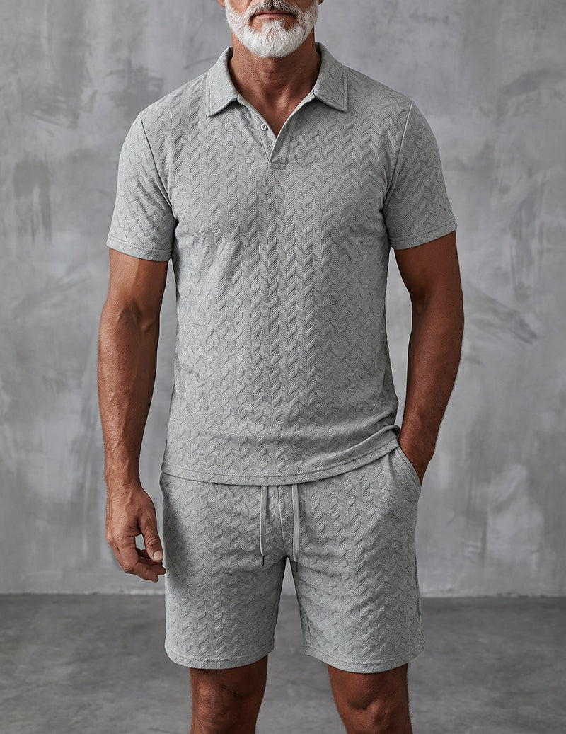 Textured Open-Collar Polo Shirt and Shorts Set