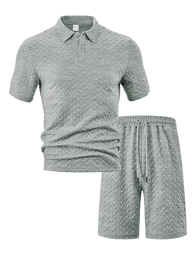 Textured Open-Collar Polo Shirt and Shorts Set
