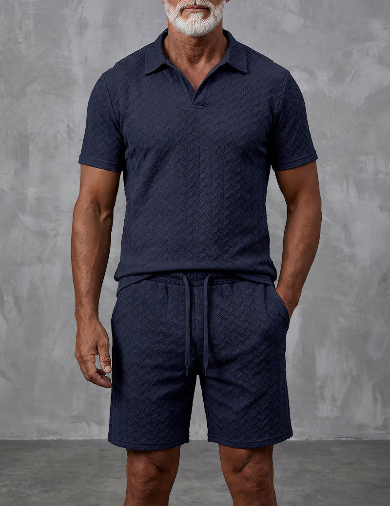 Textured Open-Collar Polo Shirt and Shorts Set