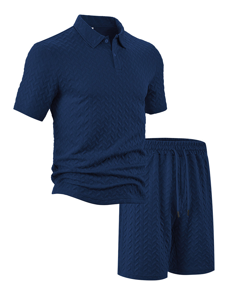 Textured Open-Collar Polo Shirt and Shorts Set