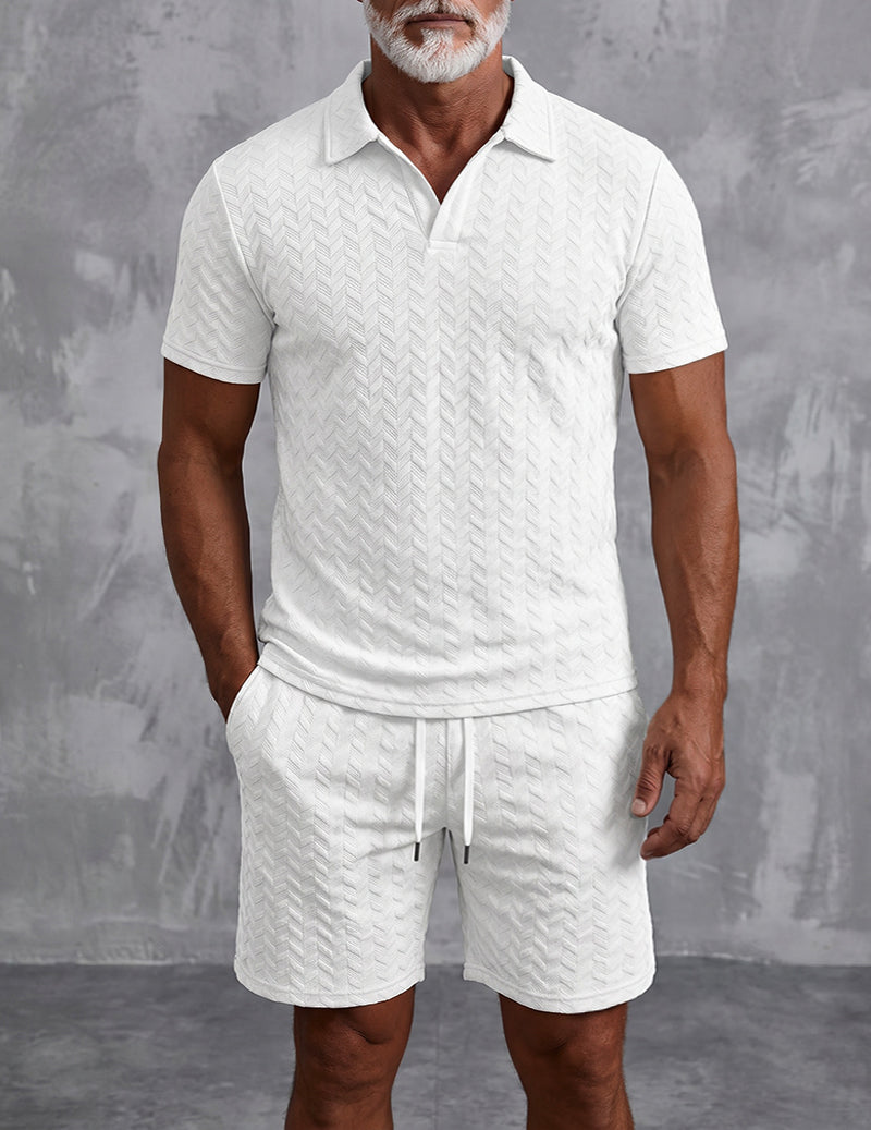 Textured Open-Collar Polo Shirt and Shorts Set