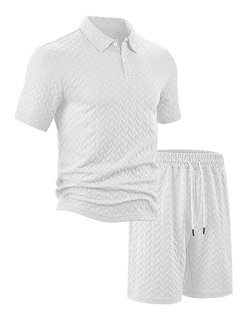 Textured Open-Collar Polo Shirt and Shorts Set