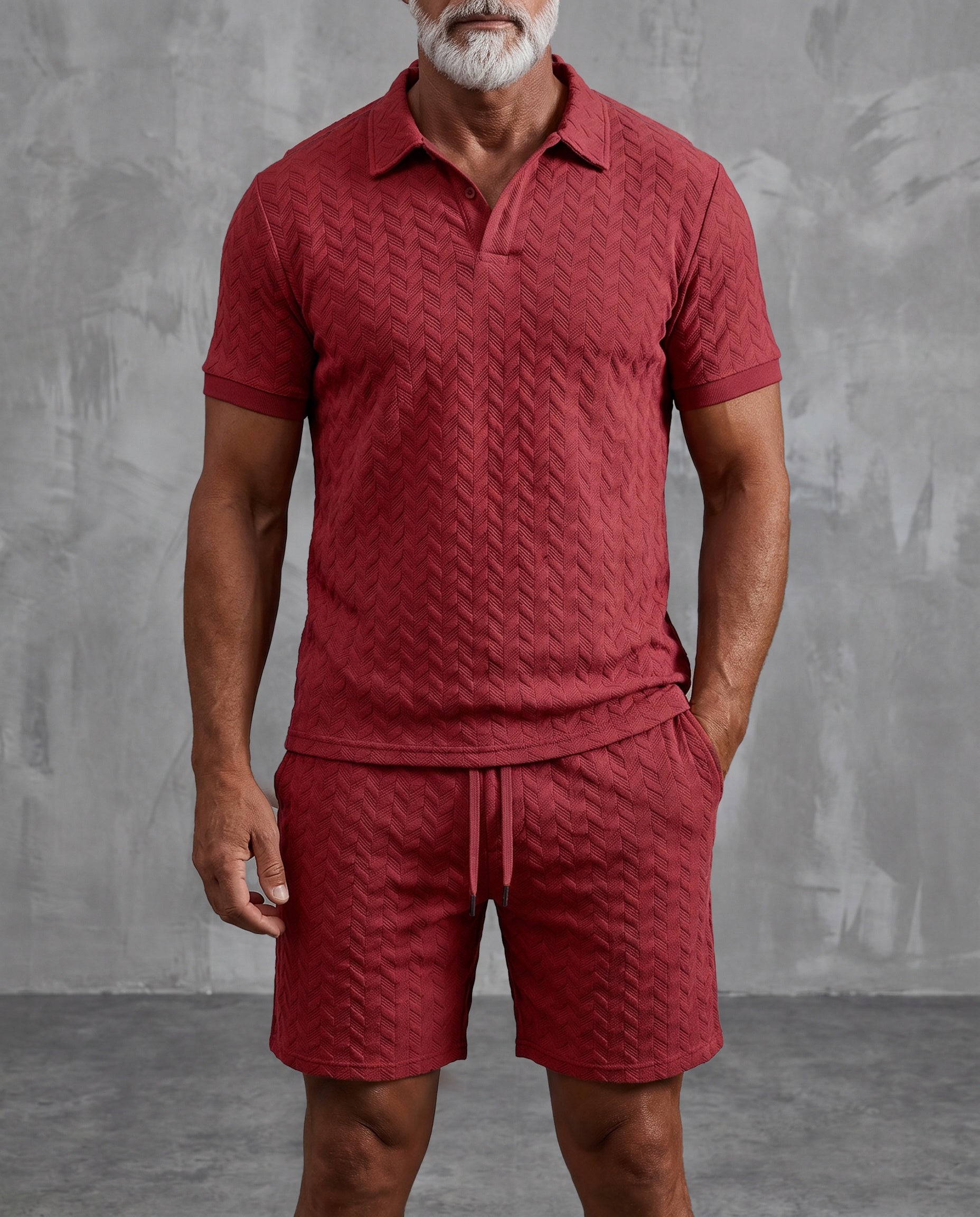 Textured Open-Collar Polo Shirt and Shorts Set
