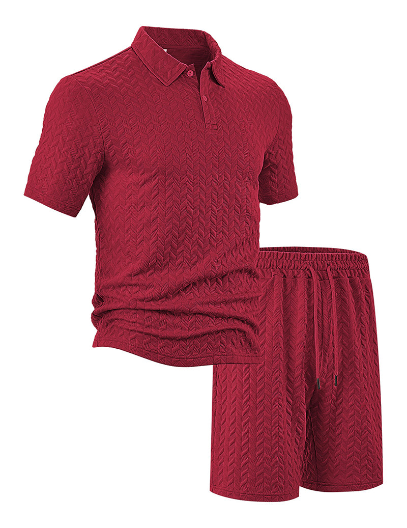 Textured Open-Collar Polo Shirt and Shorts Set