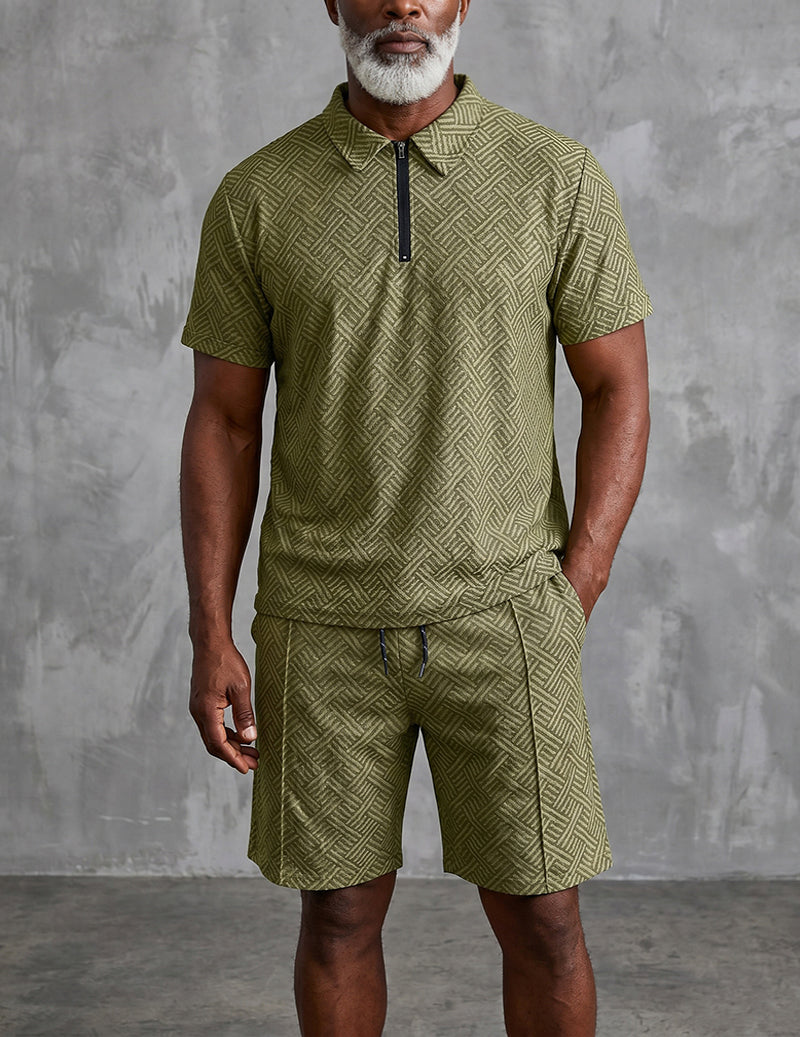 Geometric Print Quarter-Zip Polo 2-Piece Shorts Set