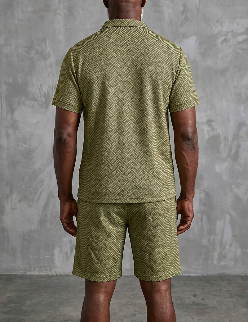 Geometric Print Quarter-Zip Polo 2-Piece Shorts Set