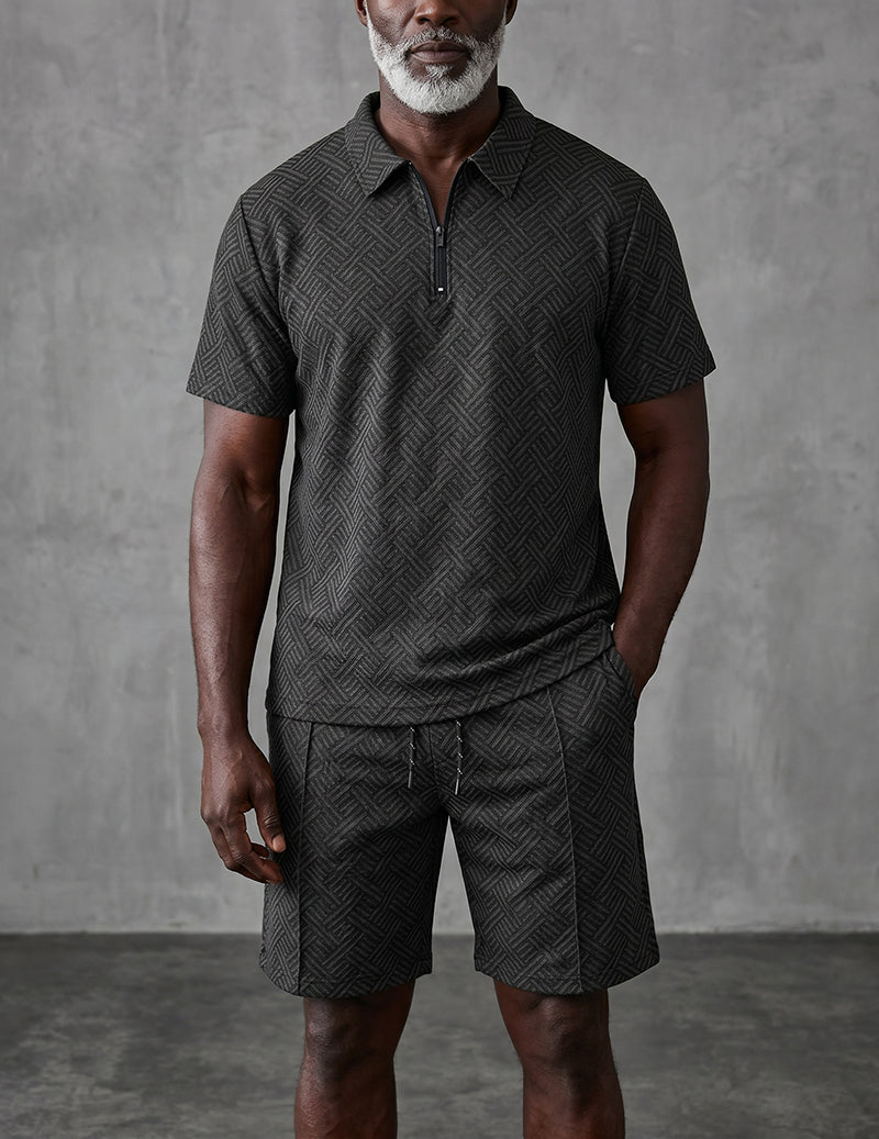 Geometric Print Quarter-Zip Polo 2-Piece Shorts Set