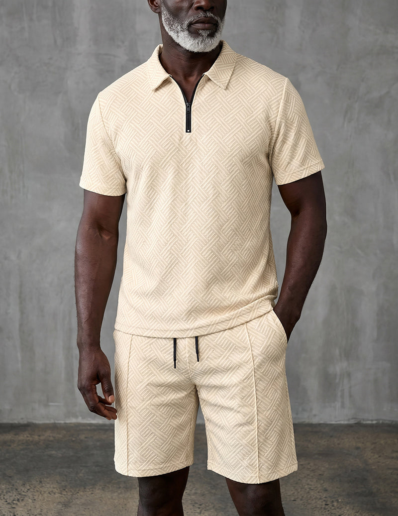 Geometric Print Quarter-Zip Polo 2-Piece Shorts Set