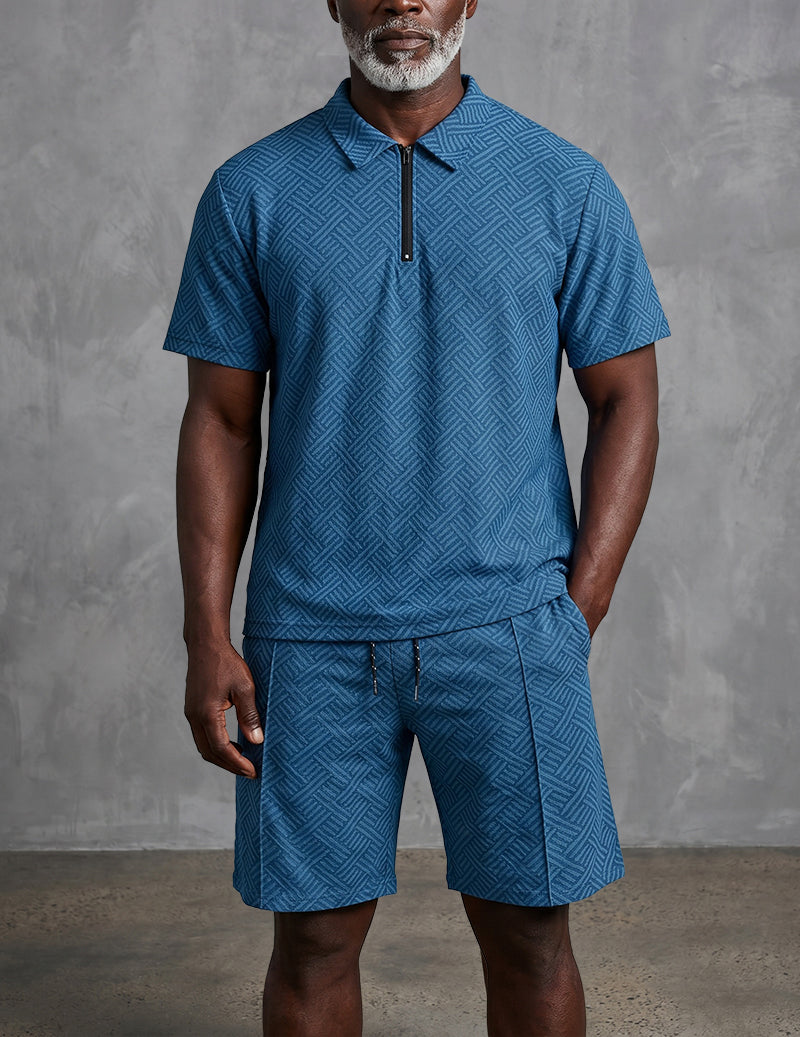 Geometric Print Quarter-Zip Polo 2-Piece Shorts Set