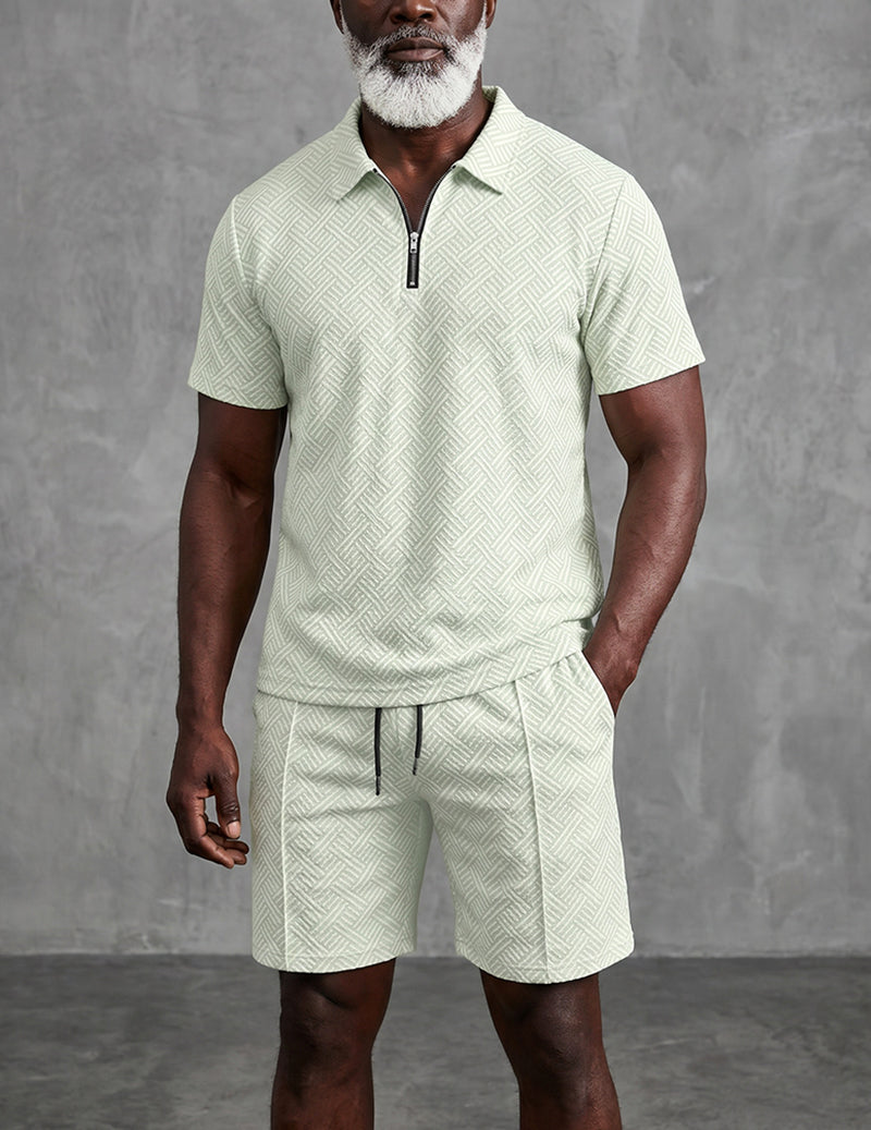 Geometric Print Quarter-Zip Polo 2-Piece Shorts Set