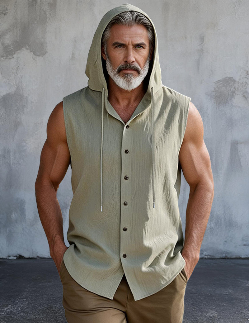 Sleeveless Hooded Button-Front Linen Shirt