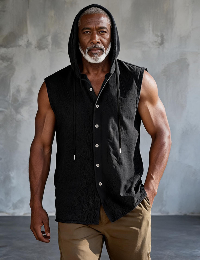 Sleeveless Hooded Button-Front Linen Shirt