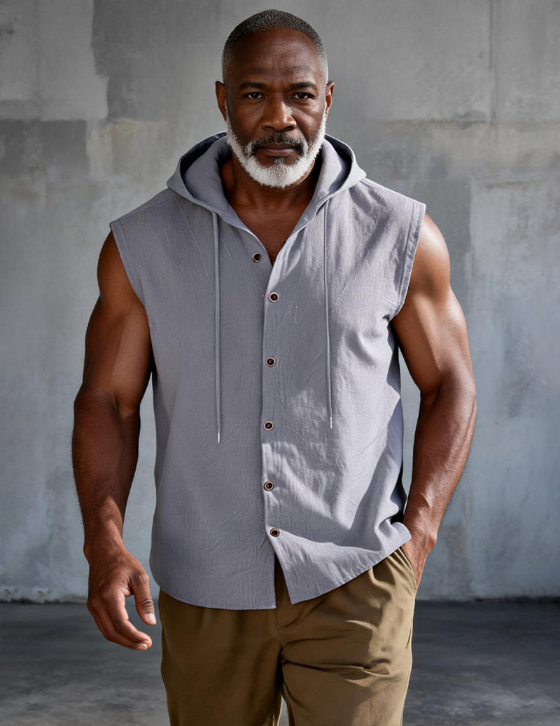 Sleeveless Hooded Button-Front Linen Shirt