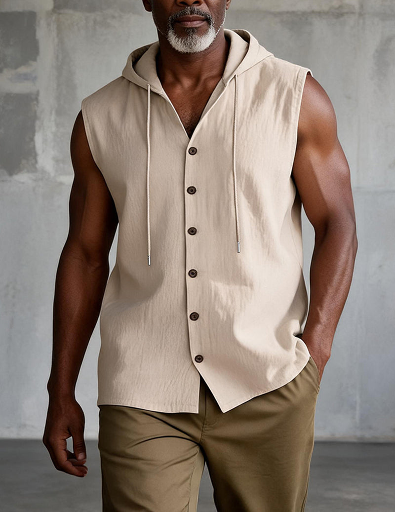 Sleeveless Hooded Button-Front Linen Shirt