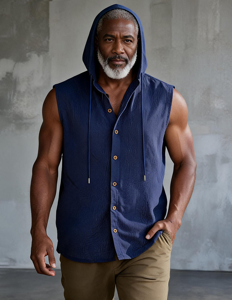 Sleeveless Hooded Button-Front Linen Shirt