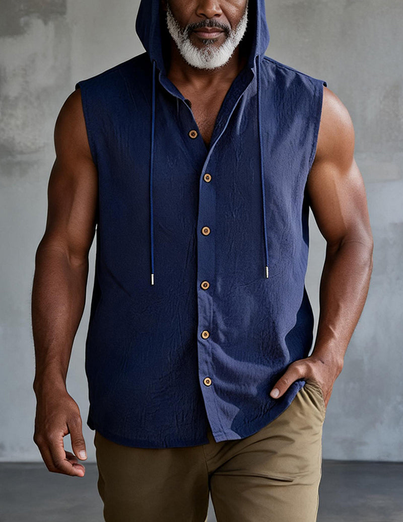 Sleeveless Hooded Button-Front Linen Shirt