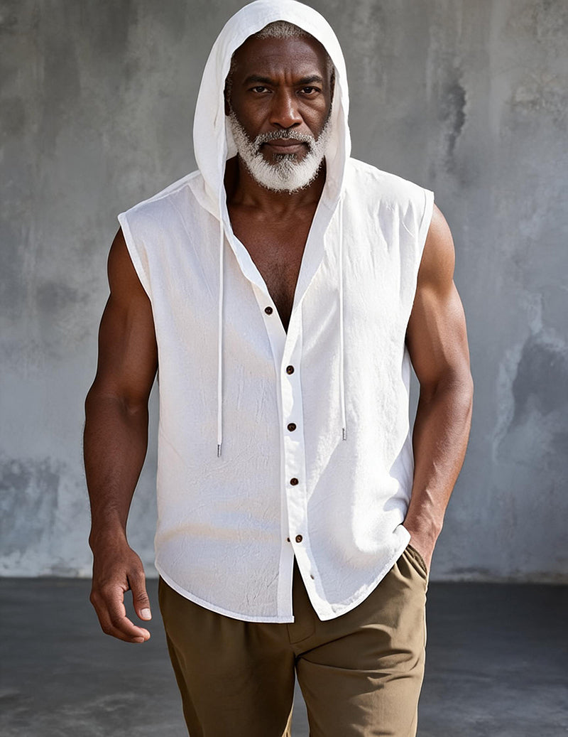 Sleeveless Hooded Button-Front Linen Shirt
