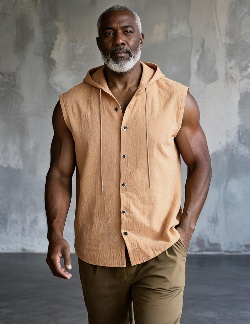 Sleeveless Hooded Button-Front Linen Shirt