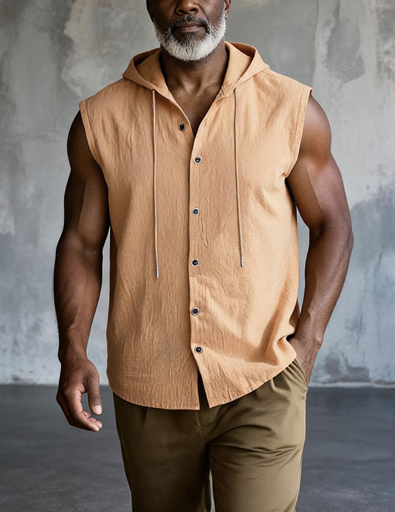 Sleeveless Hooded Button-Front Linen Shirt