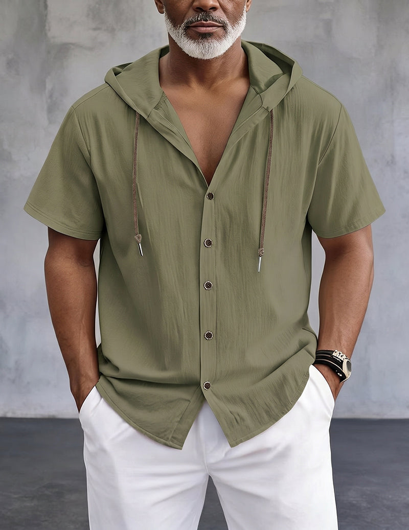 Short-Sleeve Hooded Button-Front Linen Shirt