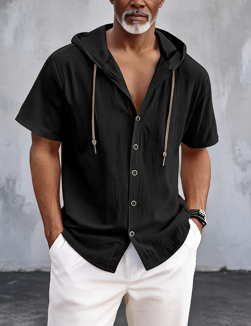 Short-Sleeve Hooded Button-Front Linen Shirt