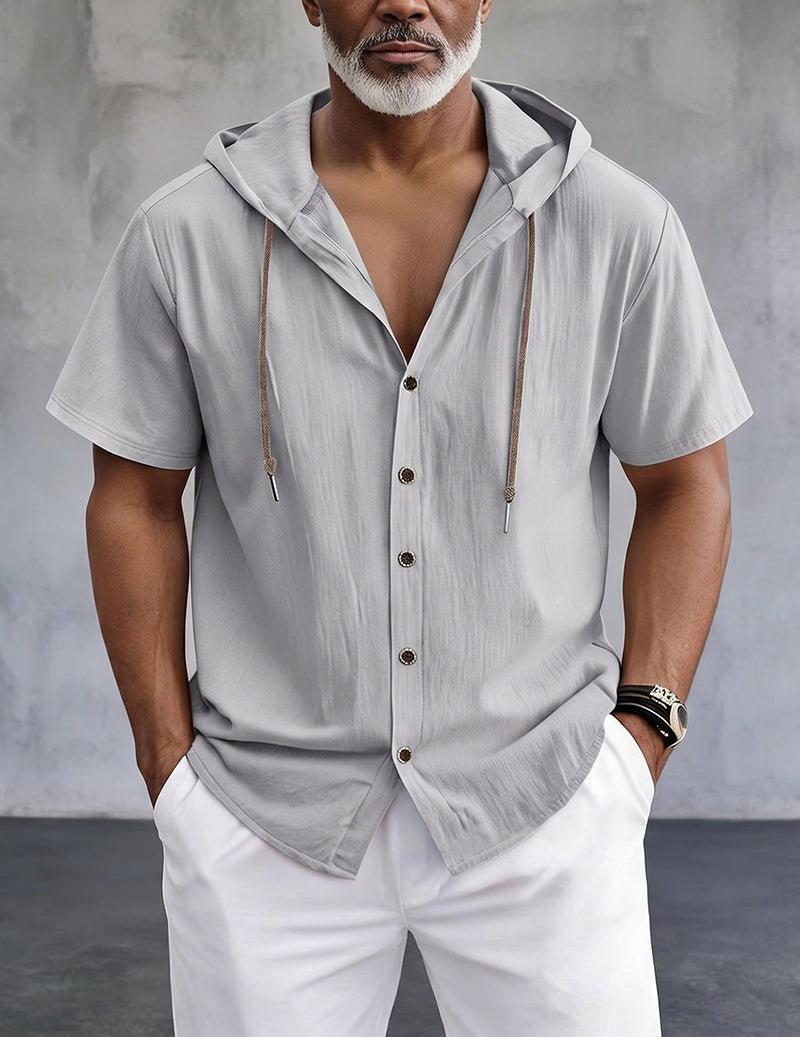 Short-Sleeve Hooded Button-Front Linen Shirt