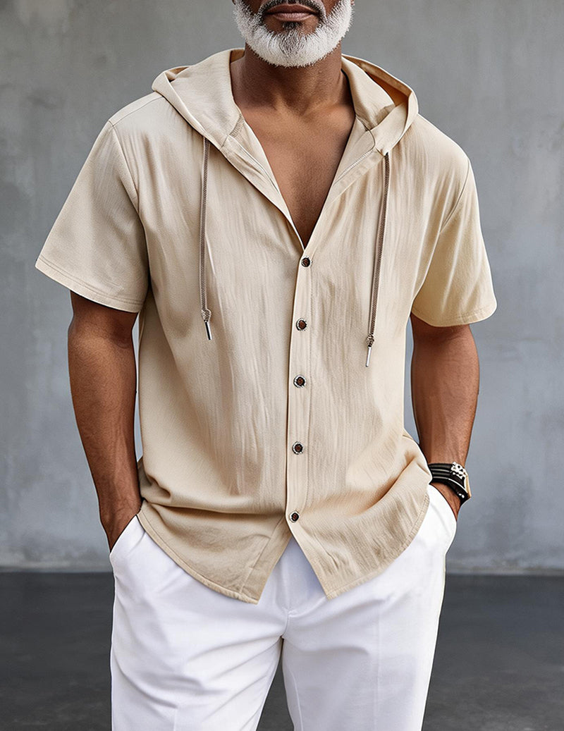 Short-Sleeve Hooded Button-Front Linen Shirt