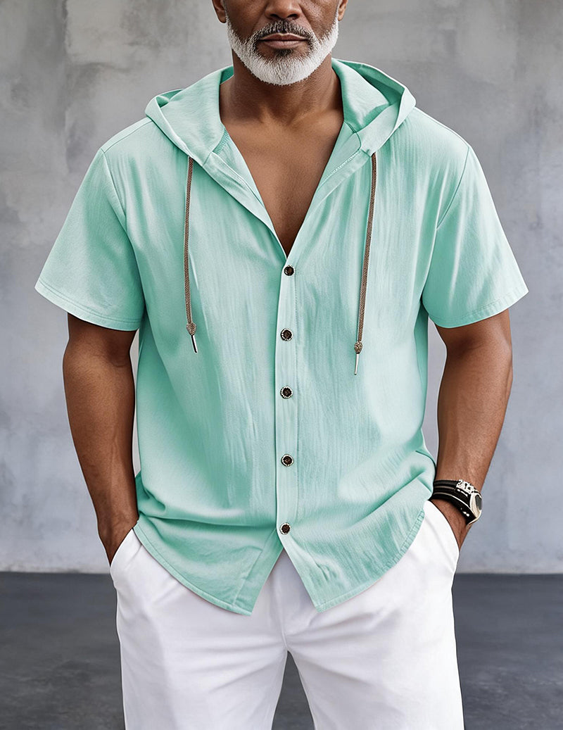 Short-Sleeve Hooded Button-Front Linen Shirt