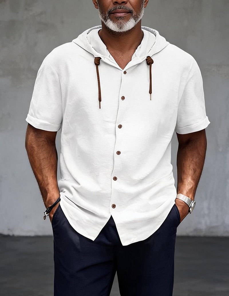 Short-Sleeve Hooded Button-Front Linen Shirt