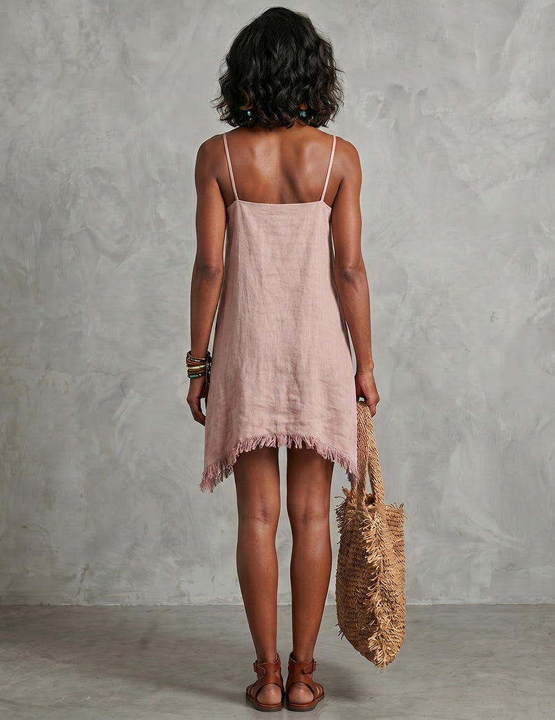 V-Neck Spaghetti-Strap Fringe-Trim Asymmetric Hem Mini Dress