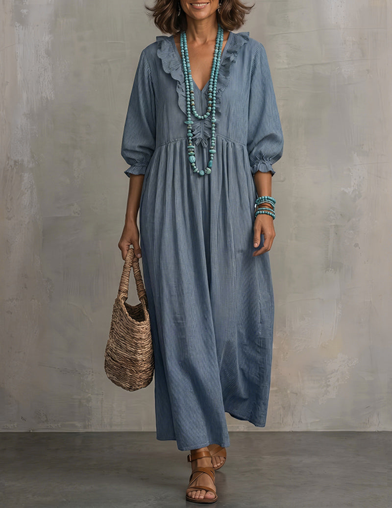 Ruffle V-Neck High-Waist Smocked Maxi Dress