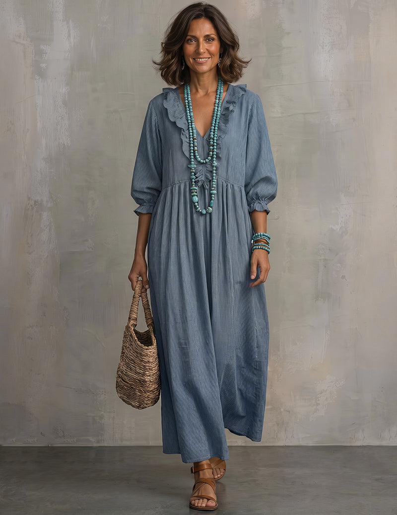 Ruffle V-Neck High-Waist Smocked Maxi Dress