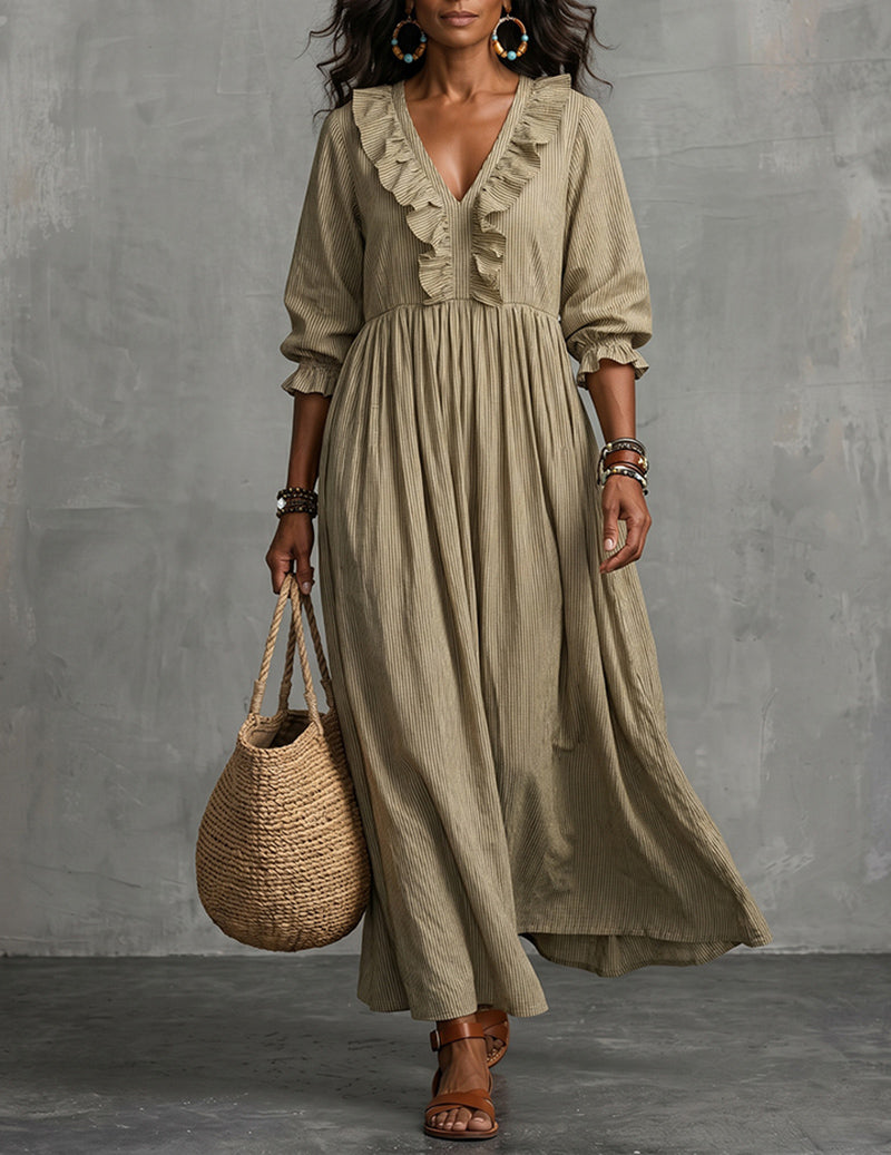 Ruffle V-Neck High-Waist Smocked Maxi Dress