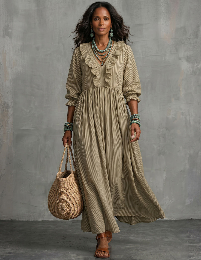 Ruffle V-Neck High-Waist Smocked Maxi Dress