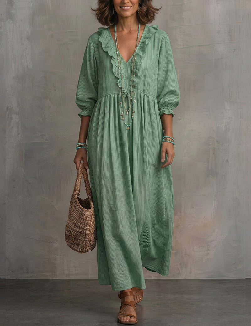 Ruffle V-Neck High-Waist Smocked Maxi Dress