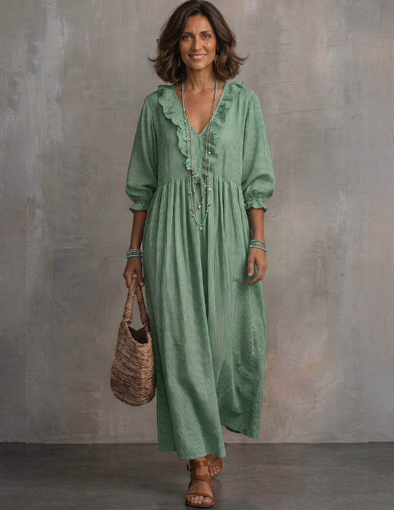 Ruffle V-Neck High-Waist Smocked Maxi Dress