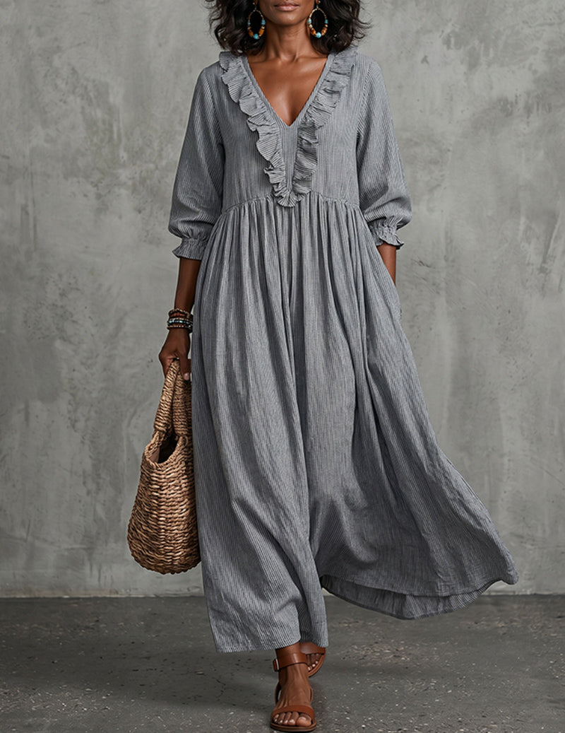 Ruffle V-Neck High-Waist Smocked Maxi Dress