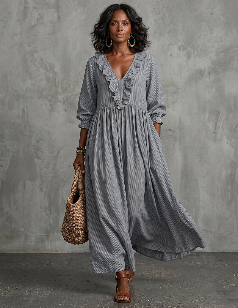 Ruffle V-Neck High-Waist Smocked Maxi Dress
