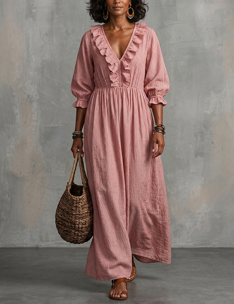 Ruffle V-Neck High-Waist Smocked Maxi Dress