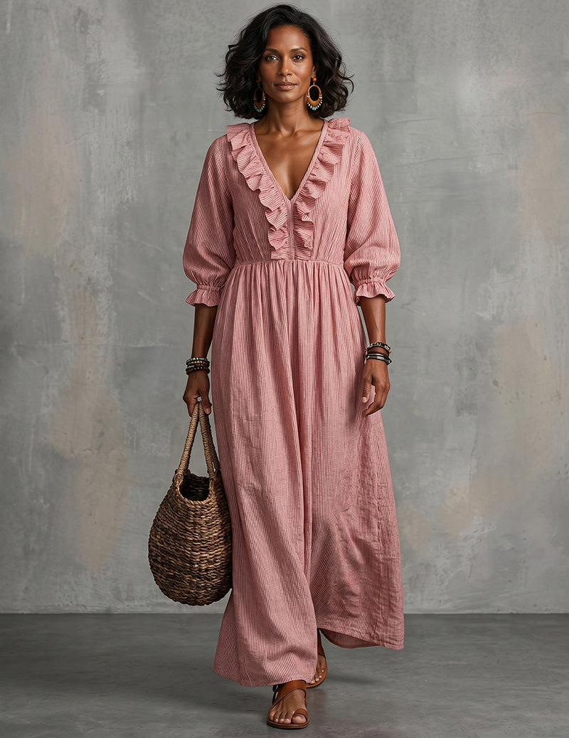 Ruffle V-Neck High-Waist Smocked Maxi Dress