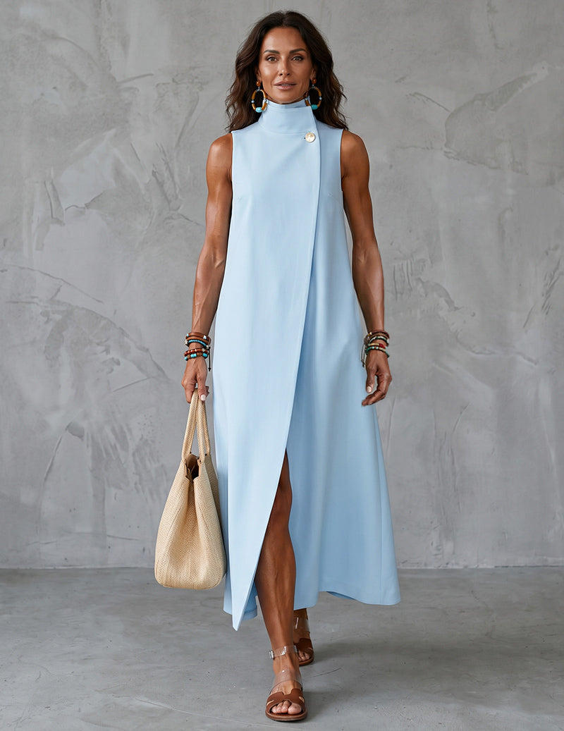 Sleeveless Mock Neck A-Line Button-Detail Maxi Dress